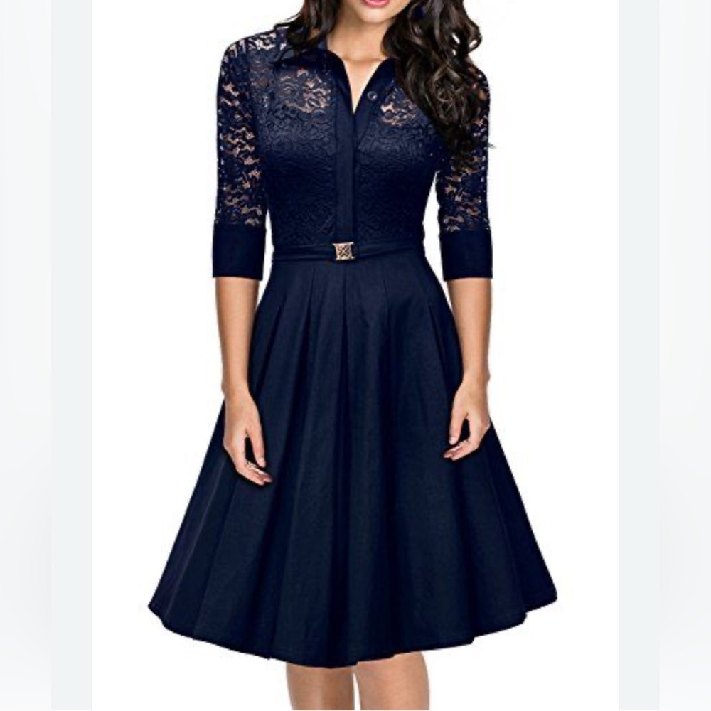 Miusol Blue Lace A Line Button Front Belted Collar Dress Size Large